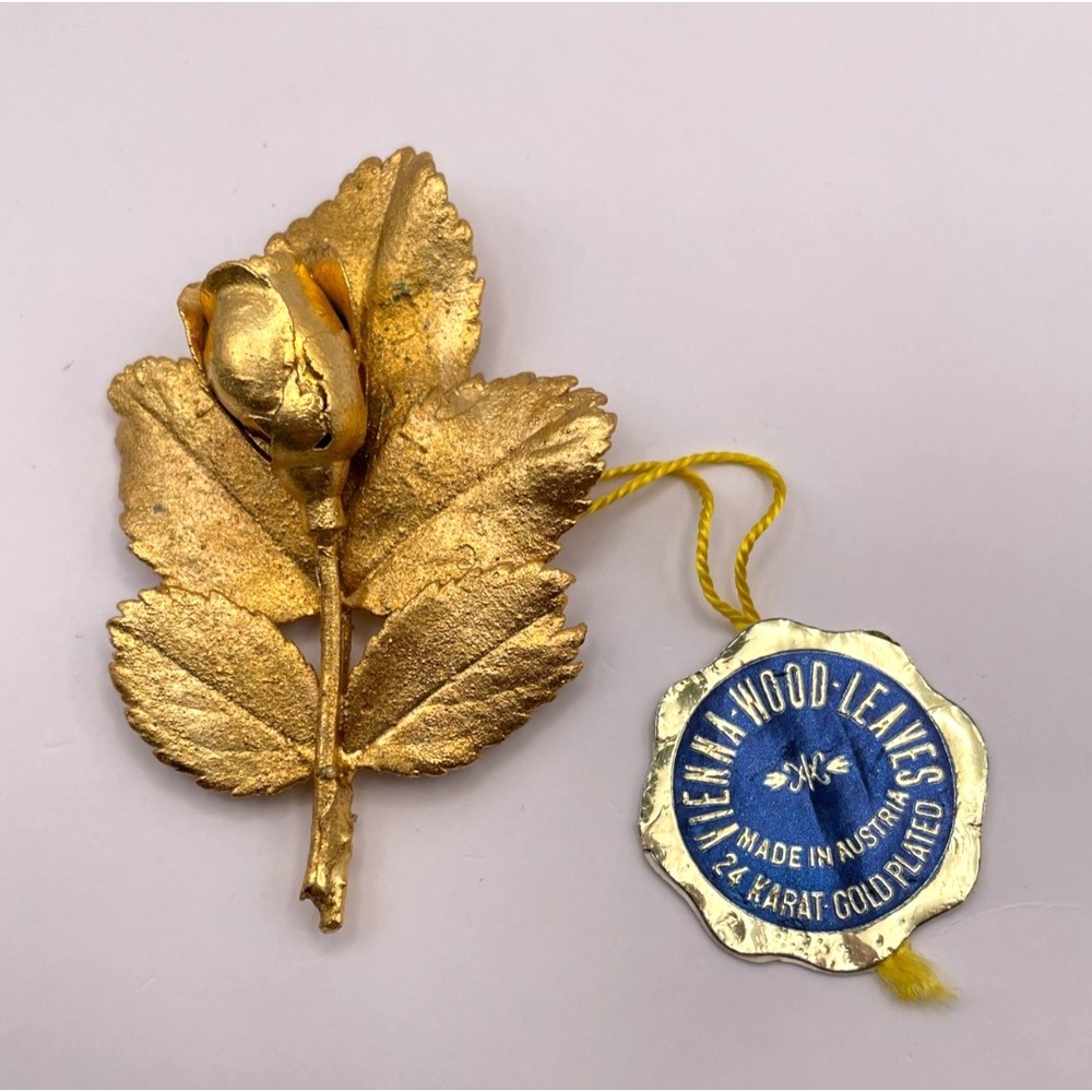 Vintage Vienna Wood Leaves Rosebud Leaf Brooch 24K Gold Plated Austria Gold